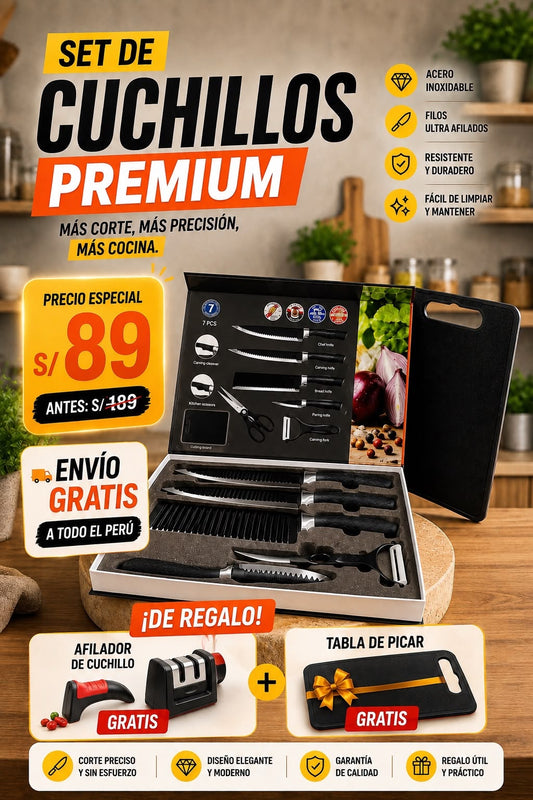 SET DE 6 PIEZAS PRO + ENVIO GRATIS+ TABLA DE PICAR+ AFILADOR DE CUCHILLOS PRO